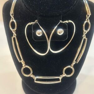 Vintage-Style Silver Tone Geometric Link Choker Statement Necklace 2 Earring Set